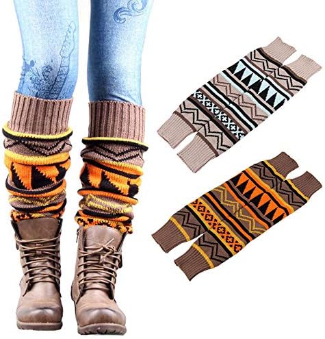 Kaxich 2 Pairs Women Girls Winter Warm Long Leg Warmers Bohemian Crochet Knitted Thicken Wool Knee High Socks Legging Stocking Boot Cuffs