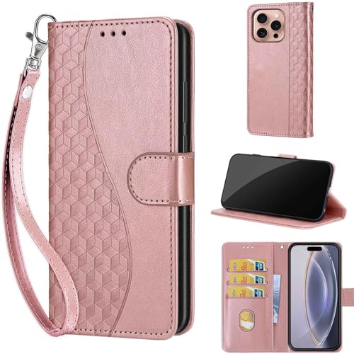 Étui en cuir synthétique iPhone 16 Pro doré avec clapet de protection chic