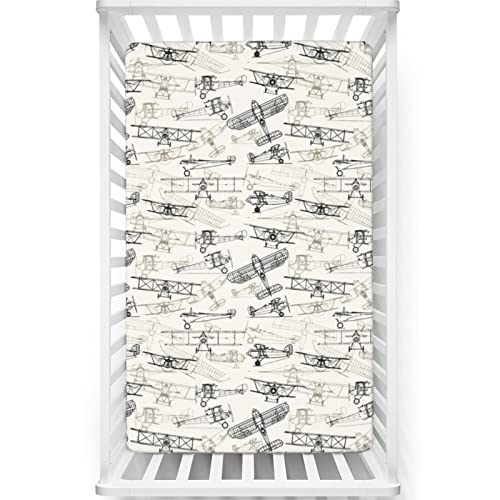 Image of Airplane Themed Fitted Mini Crib Sheets,Portable Mini Crib Sheets Toddler Bed Mattress Sheets-Baby Crib Sheets for Girl or Boy, 24“ x38“,Olive Green Tan Charcoal Grey