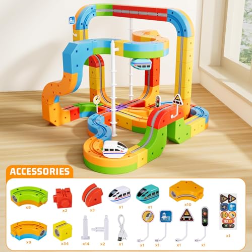 Image of KlickRail Electric Train Set Flexible Race Track for Kids 4 6 7 8, 88 Pcs Car Track for Toddlers 3-5, Building Toy Train Track Gravity-Defying 3D Embedded Layouts & Motorized Car, STEM Easter Gift