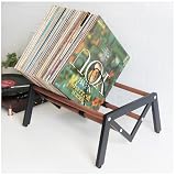 SHINETUNE Vinyl Record Holder,Record Storage and Display Organizer for Countertop,Cd Storage Rack,Black metal frame paired with walnut wood,90-120 LP Vinyl Record Storage Rack.