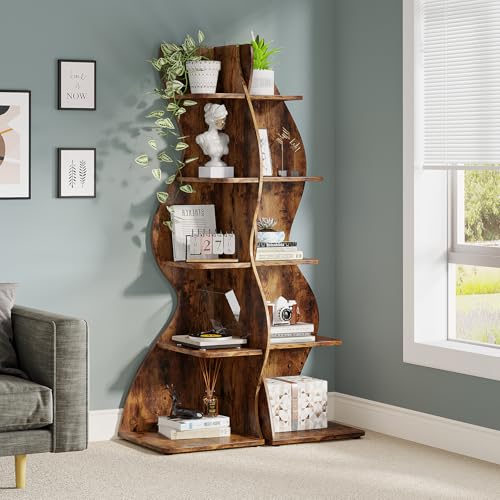 Image of Tribesigns Corner Shelf, Rustic 5-Tier Wall Corner Bookshelf, Stylish Corner Small Bookcase Storage Rack Plant Stand with Unique Shape for Living Room, Home Office (2PCS, Brown)