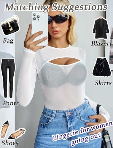 Image of GirlFriend Mesh Bodysuit for Women Long Sleeve Body Suit Sexy Tops Cut Out Leotard See Through Shirts Sheer Rave Outfits