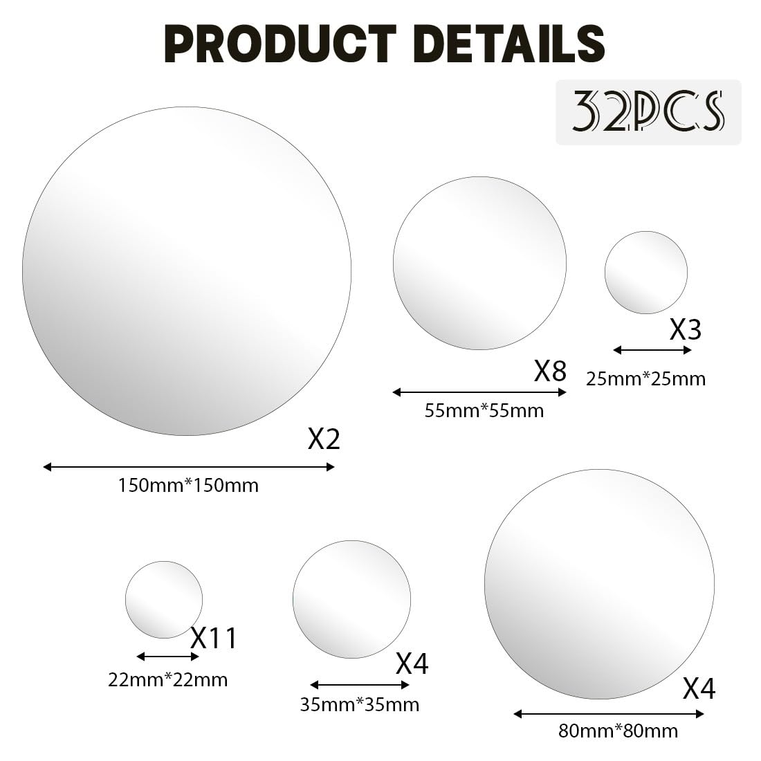 JEYORZY Lot de 32 miroirs autocollants muraux en acrylique ronds et flexibles pour salon, chambre à coucher