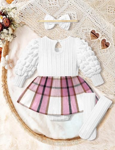Queenstyle Baby Girl Clothes Dress Fall Winter Outfits Set Puff Sleeve Plaid Romper with Headband Stockings - Image 6