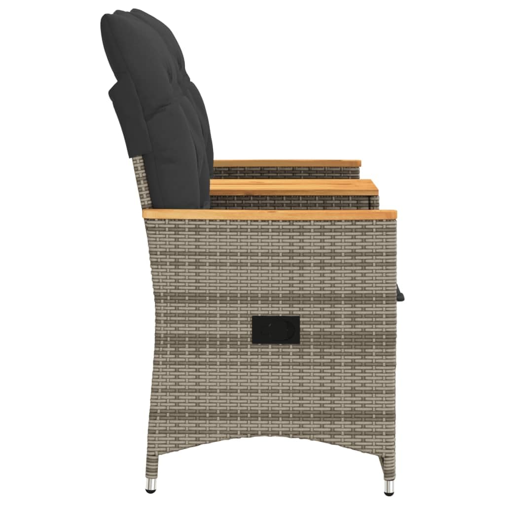 Gartensofa 2-Sitzer Verstellbar mit integriertem Tisch Grau Poly Rattan Gartenbank mit Auflagen Relaxsofa für Terrasse und Balkon Bequeme Sitzgruppe aus PE-Rattan und Akazienholz