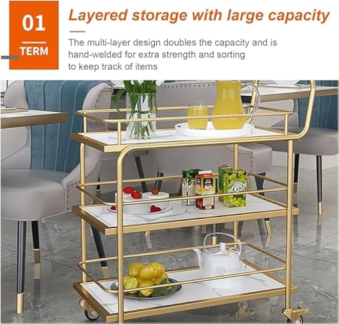 Modern Black and Gold Rolling Cart with Lockable Wheels - 3-Tier Serving Shelf Stylish Storage Solution for Kitchen and Living Room Versatile Beverage Cart.-H2lmeFHK