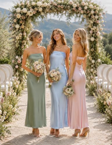 Image of Realtix Summer Satin Strapless Backless Maxi Dress for Women Wedding Guest