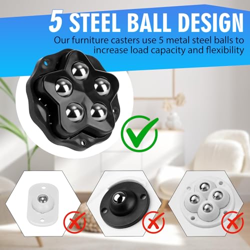 8 Stück Kugelrollen Schwerlast, Selbstklebendes Rollenrad Schwarz mit 5 Stahlkugeln und Bremse, 360 Grad Kugelrollen für Küchengeräte Möbel