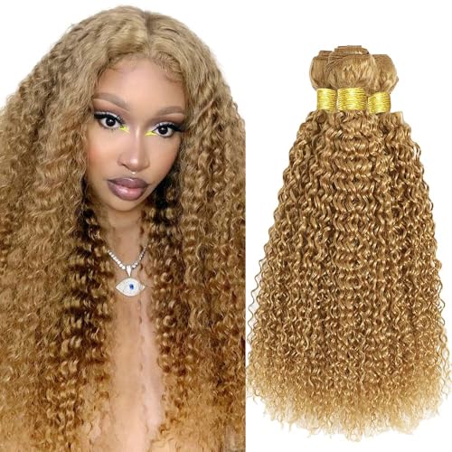 Color #27 Blonde Human Hair Bundles Honey Blonde Curly Wave 3 Bundles Human Hair 24 26 28 Inch 50G Double Weft Grade 12A Unprocessed Virgin Remy Hair Extensions 50g Per Bundle