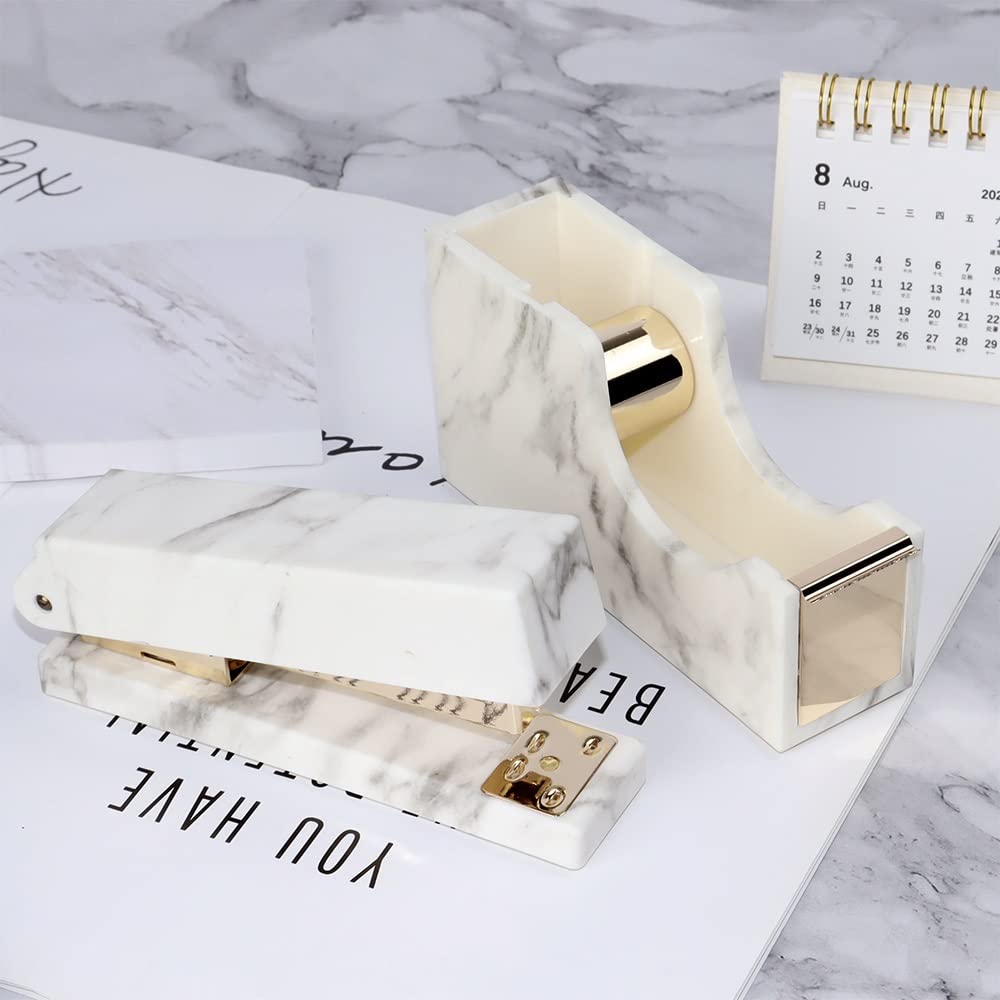 Dispenser per nastro adesivo, Mini Marble Stapler e set dispenser for nastro adesivo - Elegante spillatrice da tavolo for ufficio e arredamento scolastico(White)