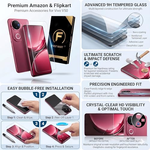 Image of FIRST MART HD+ UV Tempered Glass for Vivo V50e & Vivo V50 5G with Black Camera Lens Protector & Installation Kit | Edge-to-Edge, Case-Friendly, Scratch Resistant | Pack of 1