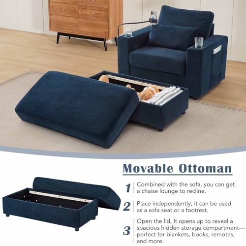 Sillón chenille azul con almacenamiento y USB miniatura 5