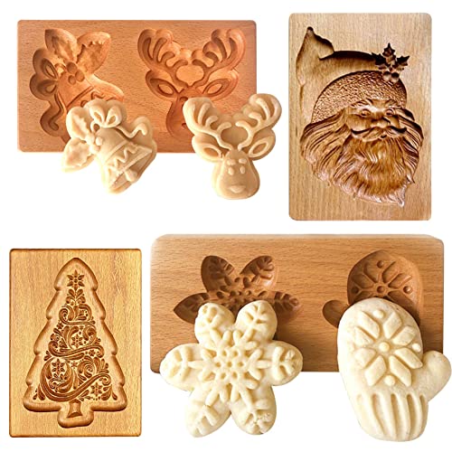Lot de 4 moules à biscuits en bois sculpté - Moule à biscuits - Emporte-pièce amusant en 3D - Moule à gaufrer pour Noël