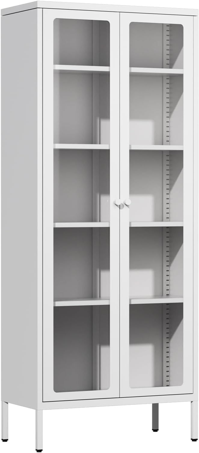 Oakcloud 67" Metal Glass Display Cabinet, Storage Cabinet for Collectibles, Curio, China, Books, Display Case with Glass Doors and 4 Adjustable Shelves for Home Office, Living Room, Pantry (White)