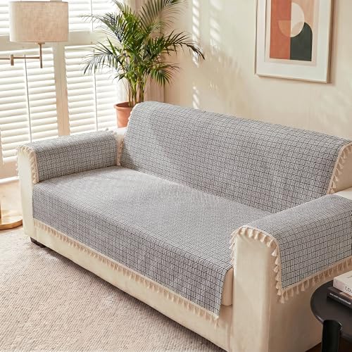 Image of Story@Home Sofa Cover with Tassel for 2 Seater Sofa | Full Protection for Seat Back & Arms | Quilted Velvet Anti Slip Sofa Mat for 2 Seater with 2 Armrest Covers (152x122 Cm) - Navy Blue & White