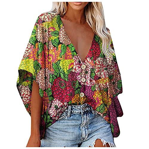 Manygood Übergröße Oberteile für Frauen Casual V-Ausschnitt Shirt Druck Kurzarm T-Shirt Sommer Lose Knopf Bluse Tops Pullover, Grün 08, XXX-Large Cover