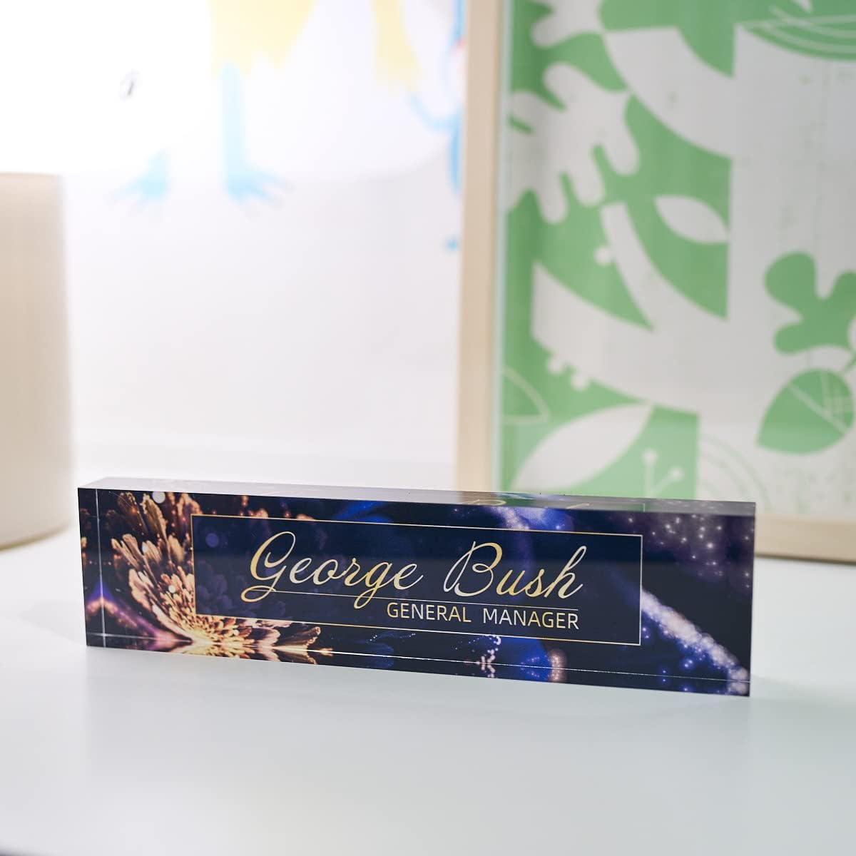 Personalized Office Desk Name Plate | Unique Designed Name Plates On Acrylic Glass Block | Office Desk Decor Nameplate | Custom Name Plates for Desks (Flower&Gold)