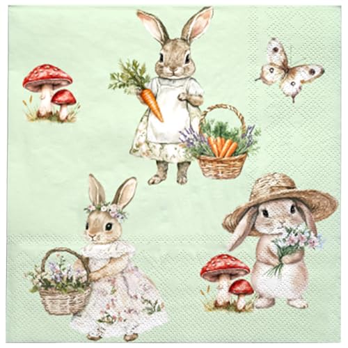 LeZakaa 50Pcs Easter Bunny Paper Napkins, 3-Ply Green Pastel Garden Rabbit Cocktail Beverage Napkins, Disposable Guest Hand Towels, 5 x 5 Inch Folded, Spring Party Decorations