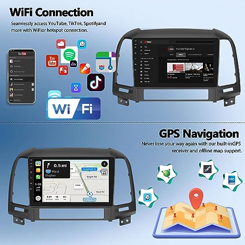 Rádio estéreo automotivo 2G + 64G Android 13 para Hyundai Santa Fe 2006-2012 sem fio Apple CarPlay A