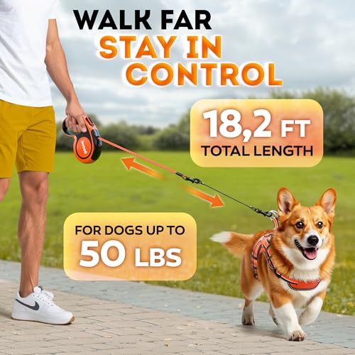 Retractable Dog Leash 18.2 ft – Chew Proof Cable Included – 360° Tangle-Free Design – Heavy Duty Reflective Leash – Soft Anti-Slip Grip Outdoor Daily for Small & Medium Dogs up to 50 lbs (Orange) - Image 3