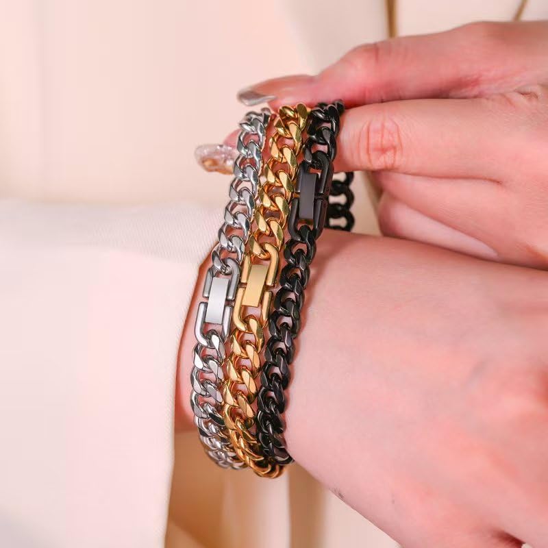 Mens Bracelet Cuban Link: Cuban Chain Wrist Bracelets with Stainless Steel Closure, Black Silver Gold Link Bracelets for Men - Image 7