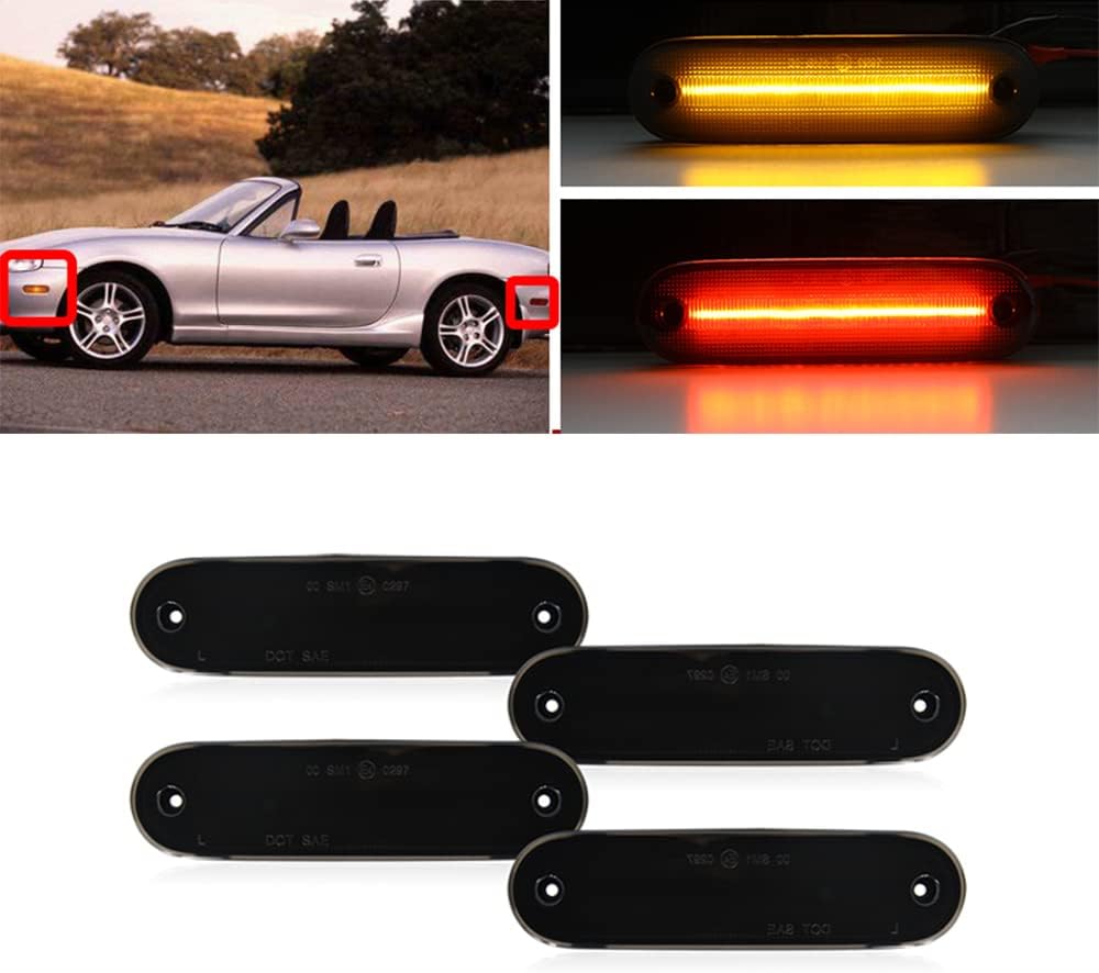 4X Smoked Lens Front & Rear Amber Red Side Marker Lights Kit Waterproof Driver and Passenger Sidemarker Lamps Compatible with Mazda Miata MX-5 1990 to 2005