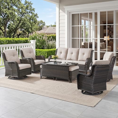 Belord 8 Piece Wicker Patio Furniture Set, Outdoor Swivel Rocker Chairs Set of 4 with Ottomans and Rattan Couch, All Weather Patio Conversation Furniture Set, for Pool,Yard Brown Wicker/Beige