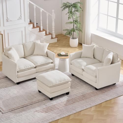 Image of Cloud 3 Pieces Sofa Set, 2+2 Seater Couch+1 Ottoman, Modern Sofas Sets with Deep Seat, Modular Sectional Couches Sets for Living Room, Bedroom, Small Apartment, Beige