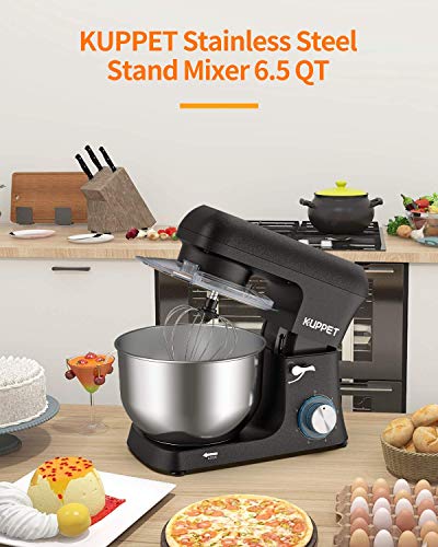 Stand Mixer, KUPPET Stainless Steel Mixer 6.5-QT, kitchen Mixer 6-Speeds Tilt-Head Food Mixer with Dough Hook, Wire Whip & Flat Beater, Splash Guard for Home Cooks Electric Mixer, Imperial Black