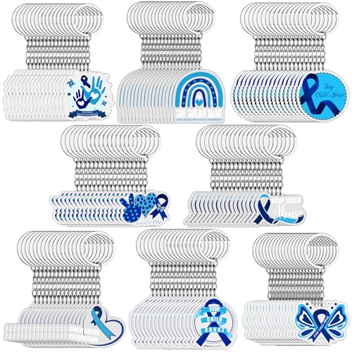 Haiabei 160Pcs Child Abuse Prevention Awareness Keychain Accessories Bulk Blue Pinwheel Ribbon Key Ring Jewelry Gifts for Nonprofit Social Organization Charity Kids School Supplies Classroom