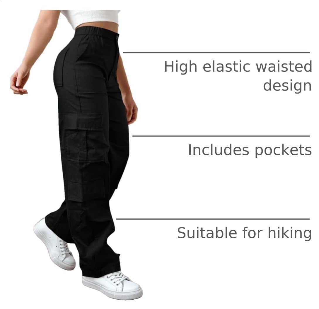 Cargo Pants for Women High Elastic Waisted Casual Baggy Wide Leg Hiking Pants Solid Color Streetwear with Pockets