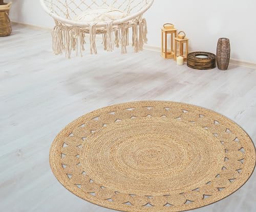Bedding Craft 7684 Hand Woven Farmhouse Jute Area Rug 4 Ft Round Natural Yarn With Braided Reversible - Ecofriendly Ideal For Bedroom Kitchen Living Room Style thumb #9