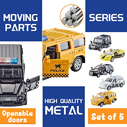 Kidami Die Cast Metal Little Toy Cars Set Of 5, Openable Doors Pull Back Car Gift Pack For Kids (Police Car) #TOP3