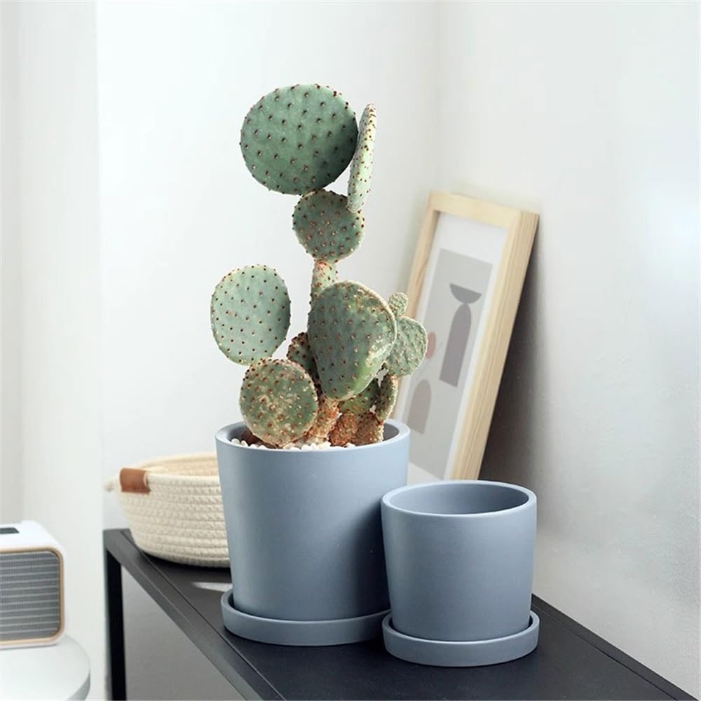 pot de fleur Pot de fleur rond bleu grisâtre, avec plateaux de soucoupes et trou de drainage, pot de plante en céramique de bureau, for jardin de rebord de fenêtre de chambre à coucher cache pot ceram