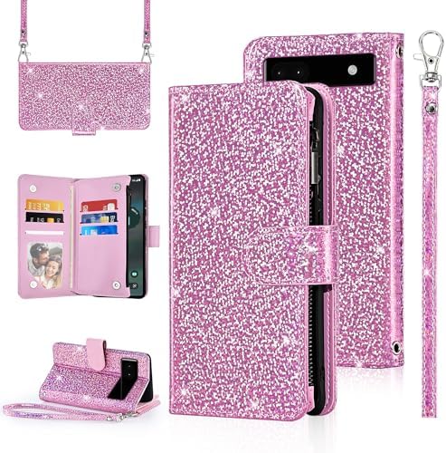 Cavor Compatible With Google Pixel 7 Pro Case Wallet, Pixel 7 Pro Crossbody Phone Case With Strap, Wallet Cover For Women,Leather Zipper Pocket Card Holder-Blue