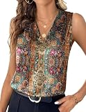 Zeagoo Tops Mujer Camisola Satén Seda Sin Mangas Elegante Cuello V Básica Plisada Camisa Chaleco Floral Marrón L