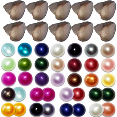 JNMM Freshwater Pearl Oyster Cultured Love Wish Round Pearls Various 11 Shining Meaningful Color Oysters with Pearls Inside (6-8mm 9 Oysters with 1 Pearl 1 Oyster with 2)