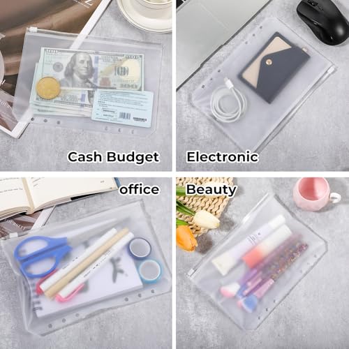 DOPENSPI 12 Stück Prospekthüllen A5 Größe, 6 Löcher Binder Wasserdicht Transparent Prospekthüllen, lose Blatttaschen, Umschläge für die Budgetplanung, Einstecktaschen, Fotodokumente, Stempel