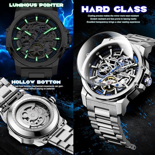 Image of FORSINING Men's Luxury Automatic Skeleton Mechanical Watch, Industrial Style Self-Winding Hollow Watches with Tourbillon & Luminous Function, Stainless Steel Strap Mens Wristwatch