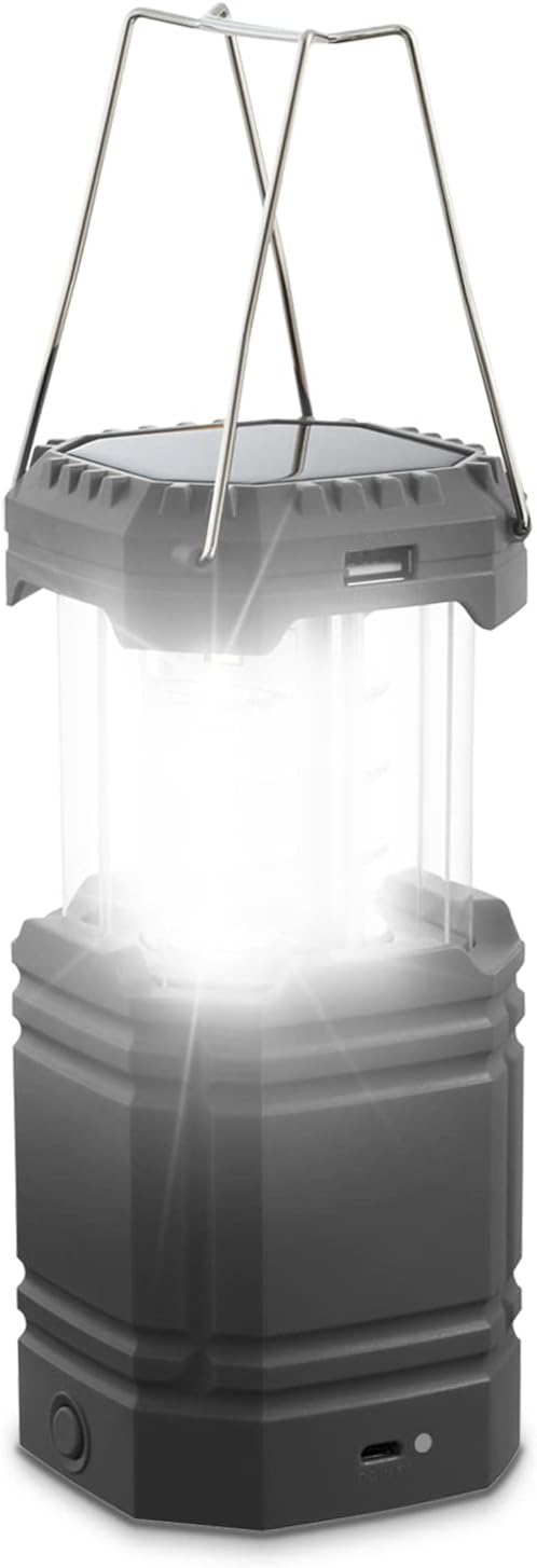 Solar Camping Lantern Rechargeable, Hand Crank LED Lantern Flashlight with 3 Powered Ways & USB Charger,Portable Survival Camp Lantern Lights, Must Have for Hurricane Emergency Tent