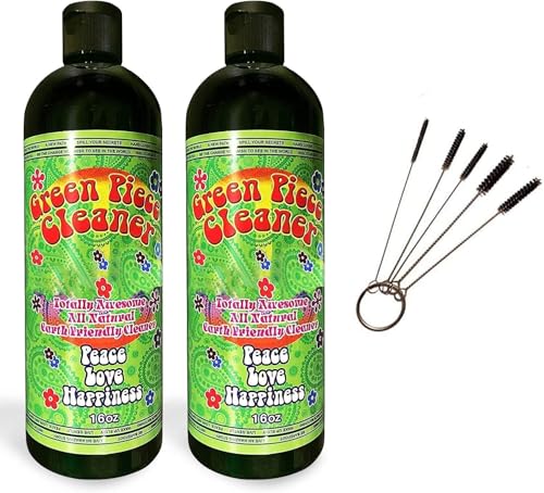 Green Piece® Glass Cleaner 2 Bottles (Made in USA) -16 oz and 5 Piece Mini Metal Nylon Tube Pipe Cleaner Brush Set with Keychain Ring Combo