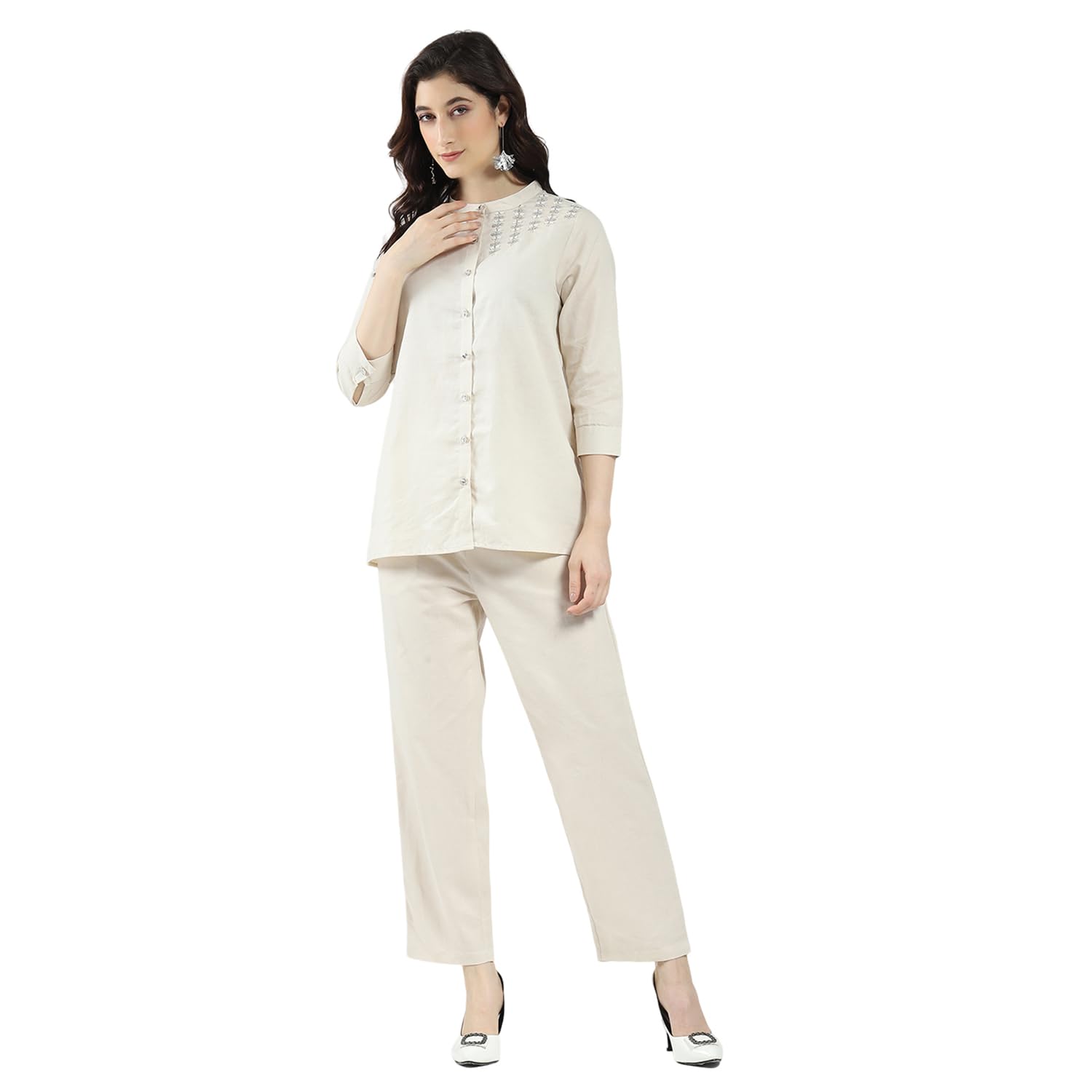 Women Regular Fit Co-ord Set with Self Design Pattern| Band Neck & 3/4 Sleeve | Button Closure Pure Cotton Top and Wide Leg Pant for Women's-image-39