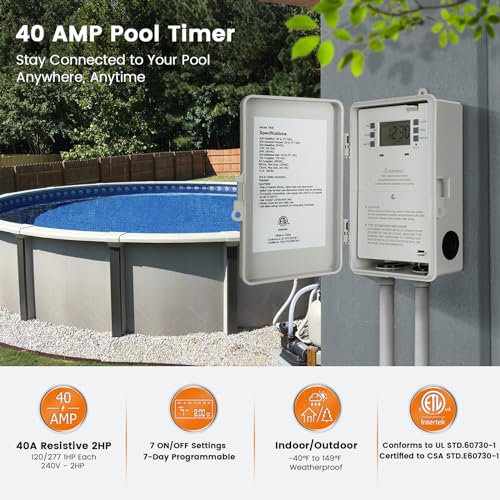 SURAIELEC Pool Timer, 7-Day Digital Pump Timer Switch, 40 AMP Heavy Duty, 120/240/277 VAC, 2HP Programmable Switch Box for Swimming Pool, Hot Water Heater, Lights, Outdoor/Indoor Use - Thumbnail 2