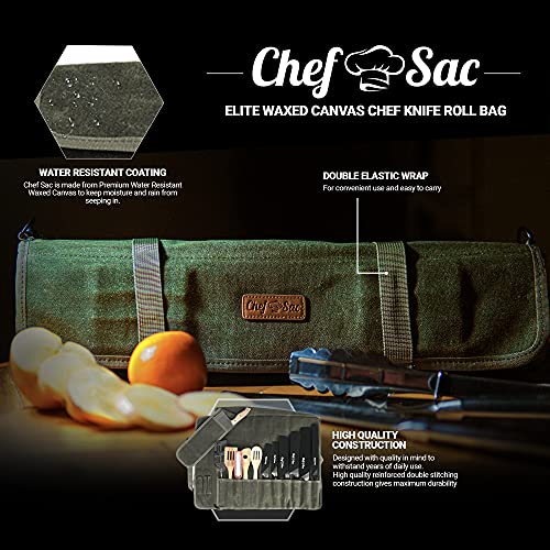 Elite Chef Knife Roll | 16Oz Ultra Waxed Canvas Knife Case | 12+ Slots For Knives & Kitchen Tools | W/Carrying Strap | Knife Organizer For Pro Chefs | Tools Not Included, Bag Only #TOP2