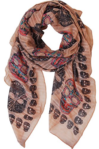 Humble Chic Sugar Skull Scarf - Long Oversized Lightweight Printed Shawl Wrap for Women - Bohemian Ethnic Day of Dead Oblong Sheer Cool Weather Accessory, Tan, Beige