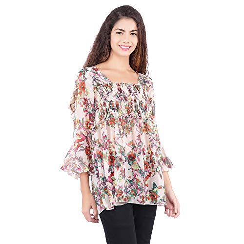 Image of POPWINGS Printed Chiffon Peplum Tops for Women || 3 /4th Sleeves Square Neck Women Tops for Summer || Stylish Western Smocking Women Tops