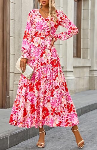 BTFBM Women Fall Dresses 2025 Casual Long Sleeve V Neck Maxi Dresses Floral Boho Long Dress Wedding Guest Dress