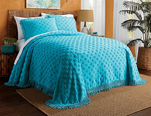 Montgomery Ward Luxurious Chenille Dot Bedspread, Full Size, Soft Cotton Comforter in Blue, Cozy and Modern Tufted Design with Fringe Border, Full Size Chenille Bedspread (Blue, Full)