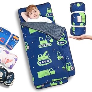 Primlect Thickened Toddler Nap Mat with Removable Pillow and Minky Blanket, Extra Large 55”x35” Sleeping Bag, Washable, Roll up, Perfect for Daycare, Preschool, Kindergarten, Boys (Excavator)